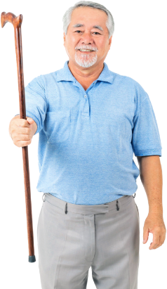 older man holding out a walking stick